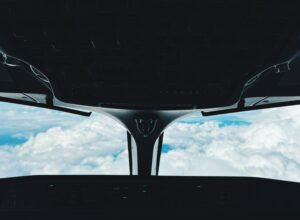 View from the cockpit jumpseat of an Airbus A220