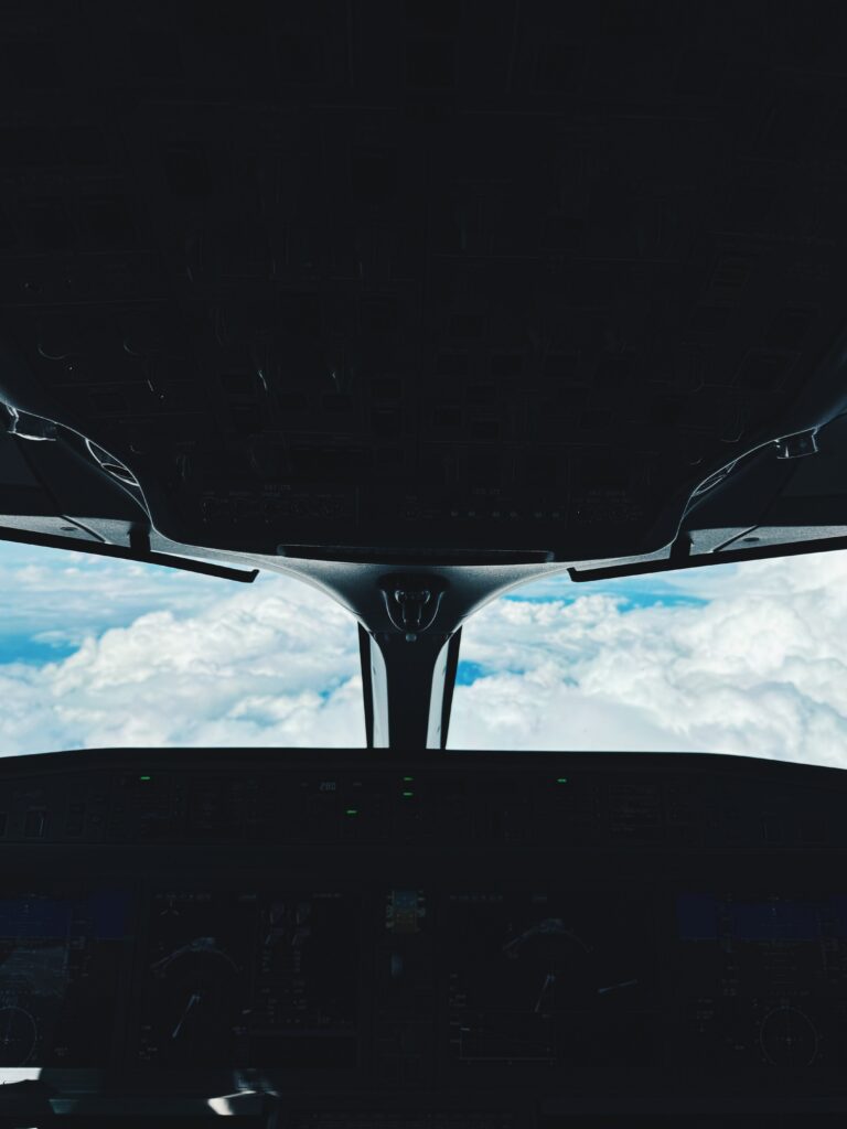 View from the cockpit jumpseat of an Airbus A220