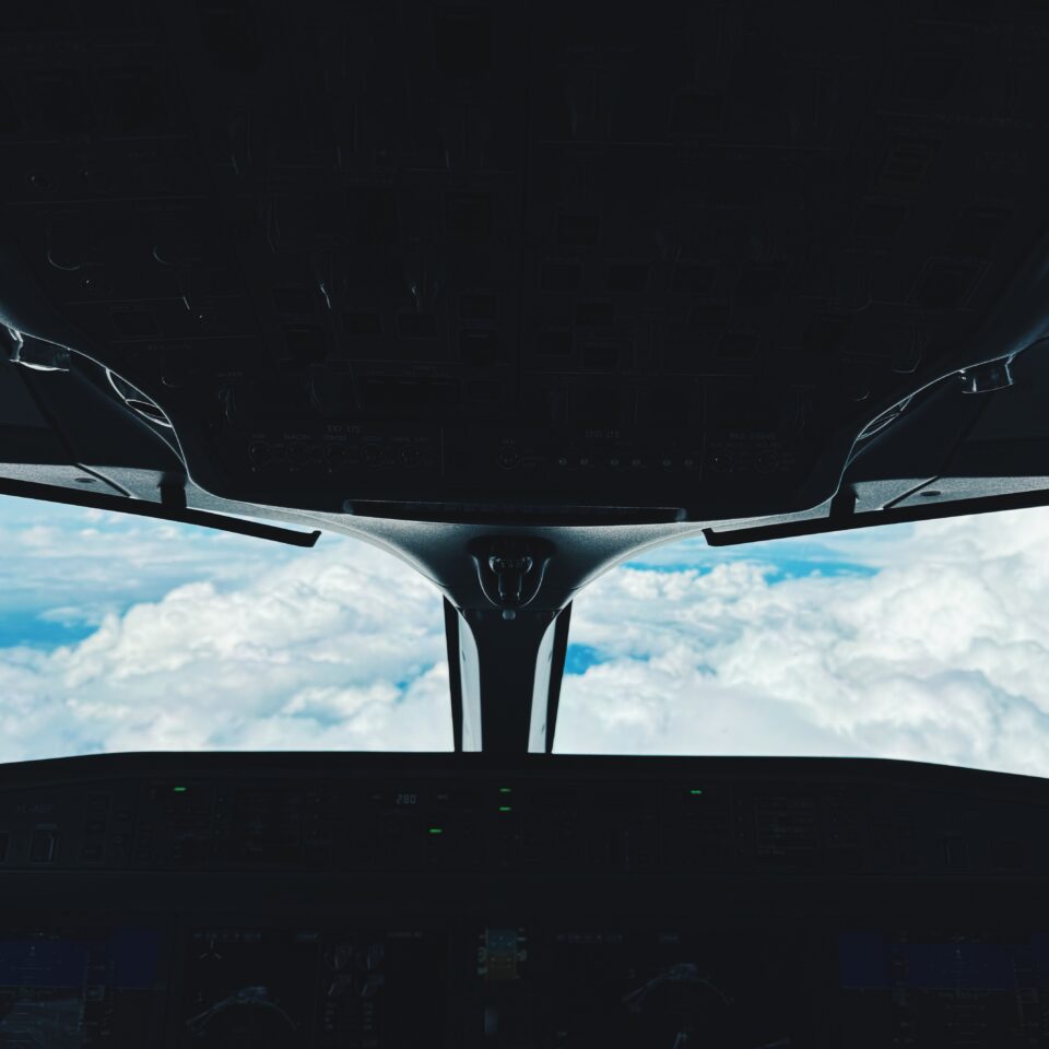 View from the cockpit jumpseat of an Airbus A220